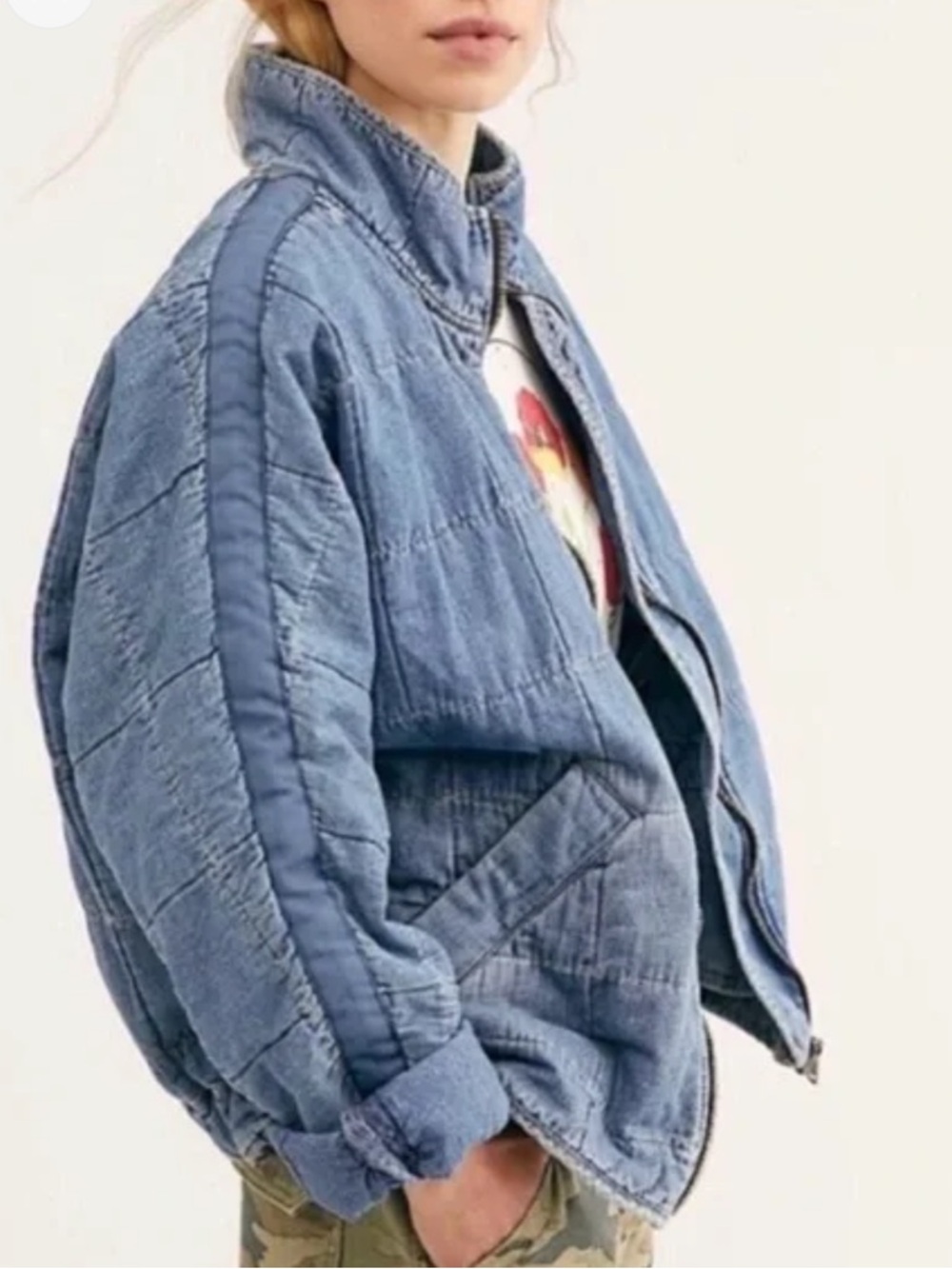 Free People Dolman Quilted Knit Denim Jacket - Washed Blue Quilted Puffer Jacket